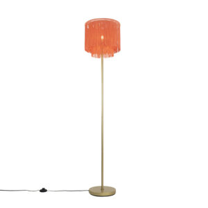 vloerlampen Oosterse vloerlamp goud roze kap met franjes Franxa StaalStof Roze Een sfeervolle afgewerkt een gouden voet en opvallende lampenkap franjes. De