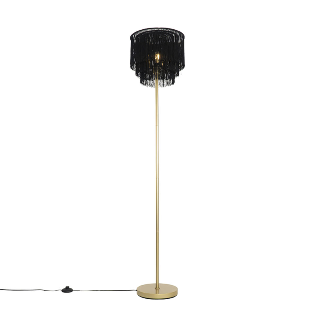 vloerlampen Oosterse vloerlamp goud zwarte kap met franjes Franxa StaalStof Zwart is een sfeervolle afgewerkt gouden voet en lampenkap franjes. De mooie zorgt