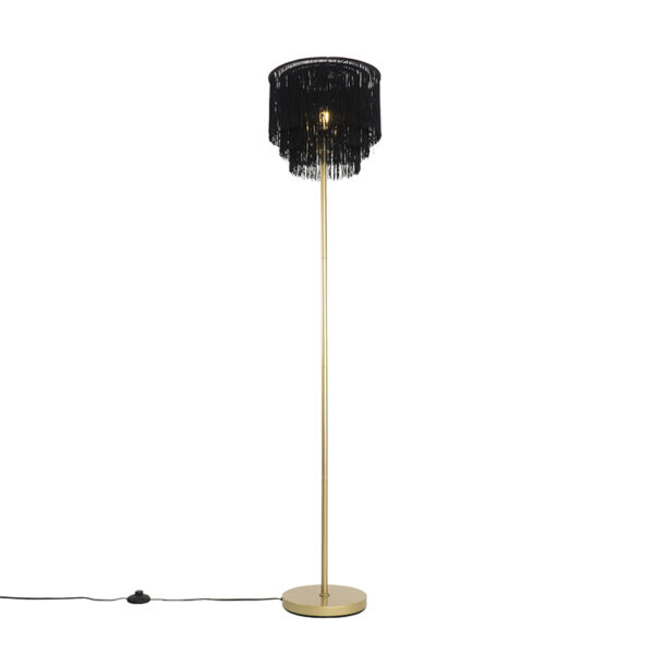 vloerlampen Oosterse vloerlamp goud zwarte kap met franjes Franxa StaalStof Zwart is een sfeervolle afgewerkt gouden voet en lampenkap franjes. De mooie zorgt