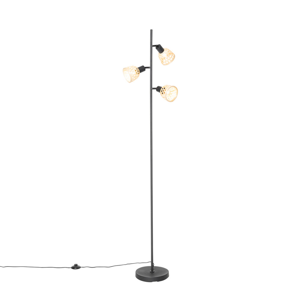 vloerlampen Oosterse vloerlamp zwart met bamboe Rayan BamboeStaal Naturel Breng wat warmte in huis deze vloerlamp. is gemaakt van staal en afgewerkt het naturel