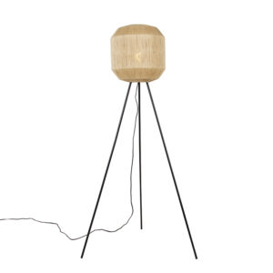 vloerlampen Oosterse vloerlamp zwart met touw tripod Riki TouwStaal Beige heeft een eigentijdse uitstraling zijn zwarte poten en lampenkap die afgewerkt is jute