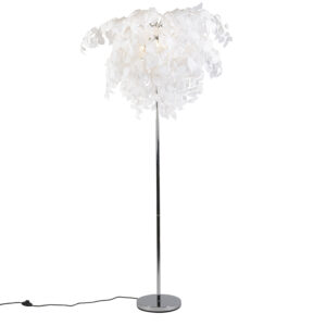 vloerlampen Romantische vloerlamp chroom met witte blaadjes Feder KunststofMetaal Wit De is een echte kap van kunststof veren heeft knusse uitstraling en