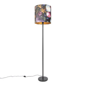 vloerlampen Romantische vloerlamp zwart met bloemen kap 40 cm Simplo StaalStof Multicolor Een echte romantische touch in huis deze Simplo. Hij wordt geleverd