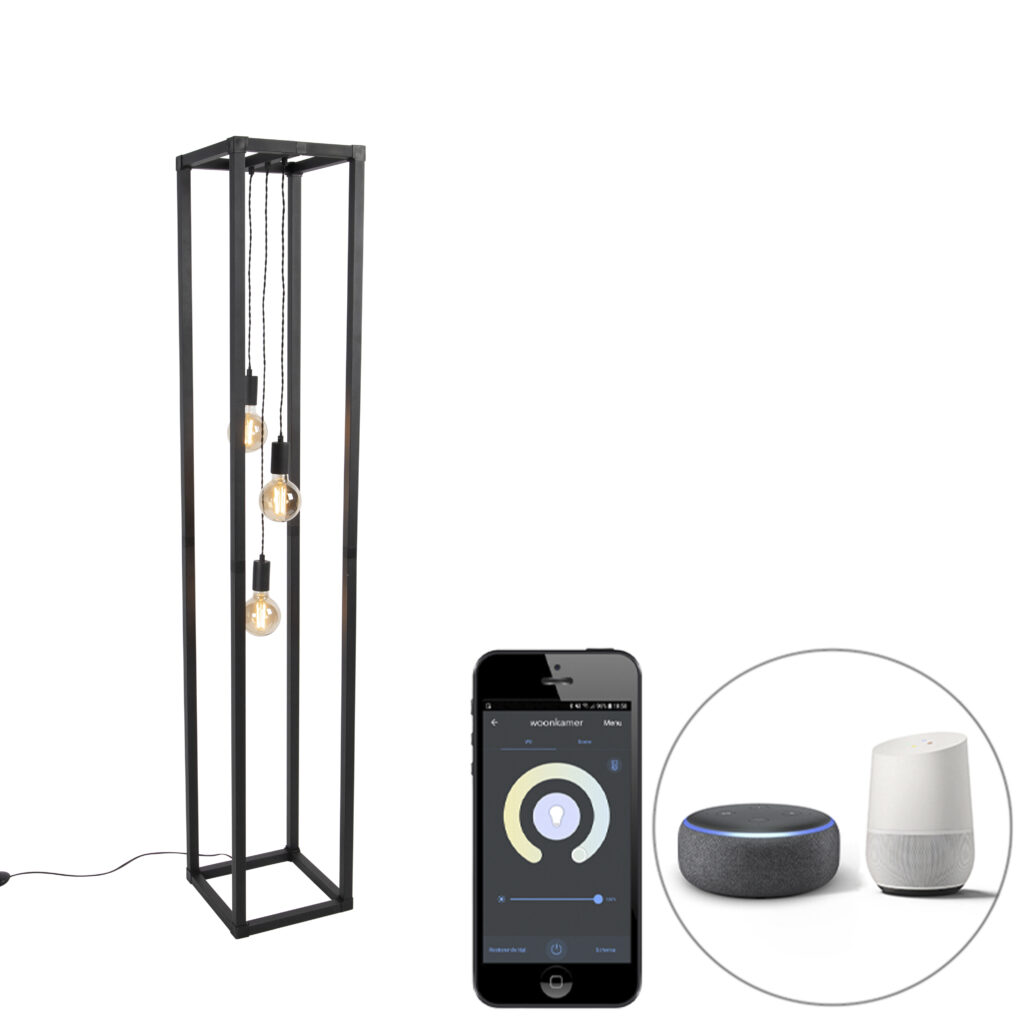 vloerlampen Smart vloerlamp zwart incl. Wifi G95 Big Cage StaalTouw Zwart