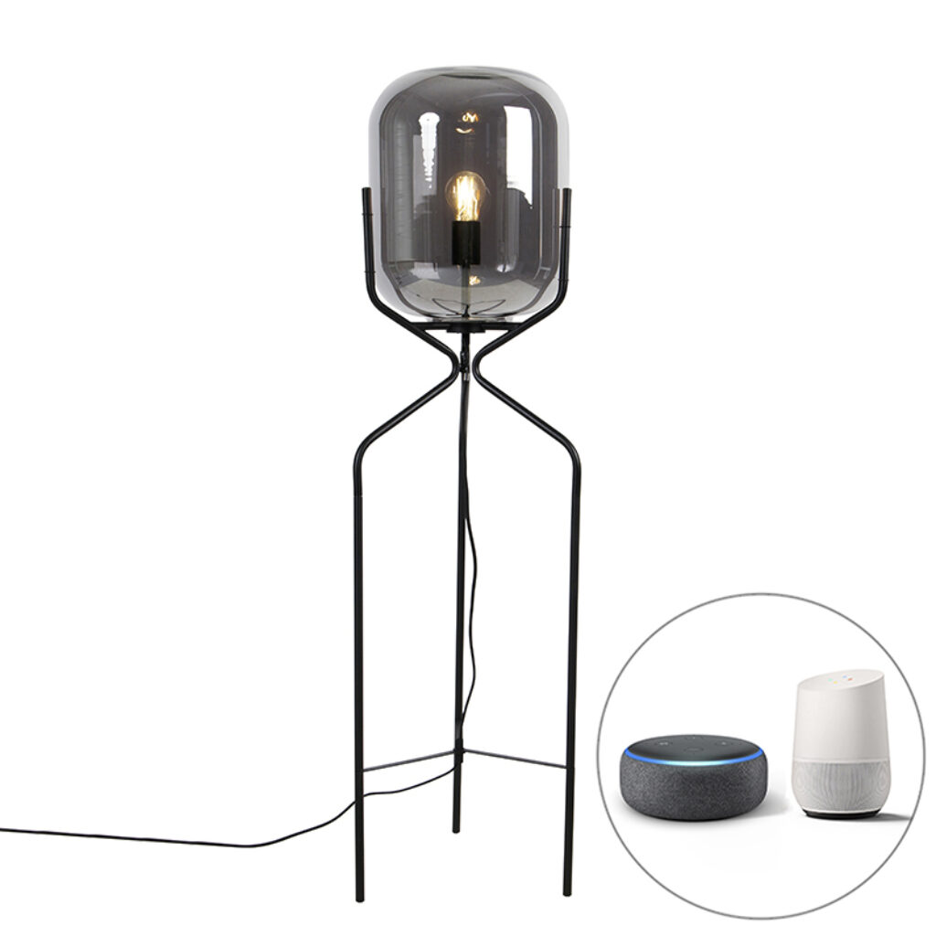 vloerlampen Smart vloerlamp zwart incl. WiFi A60 smoke glas Bliss StaalGlas Zwart Deze mooie met donker is perfect voor ieder Door het donkere heeft deze lamp
