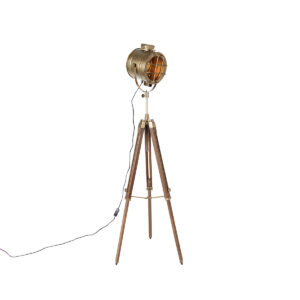 vloerlampen Tripod vloerlamp brons met hout studiospot Shiny HoutStaal Brons De tripod is een echte blikvanger voor in industrieel bruin en gemaakt van staal.