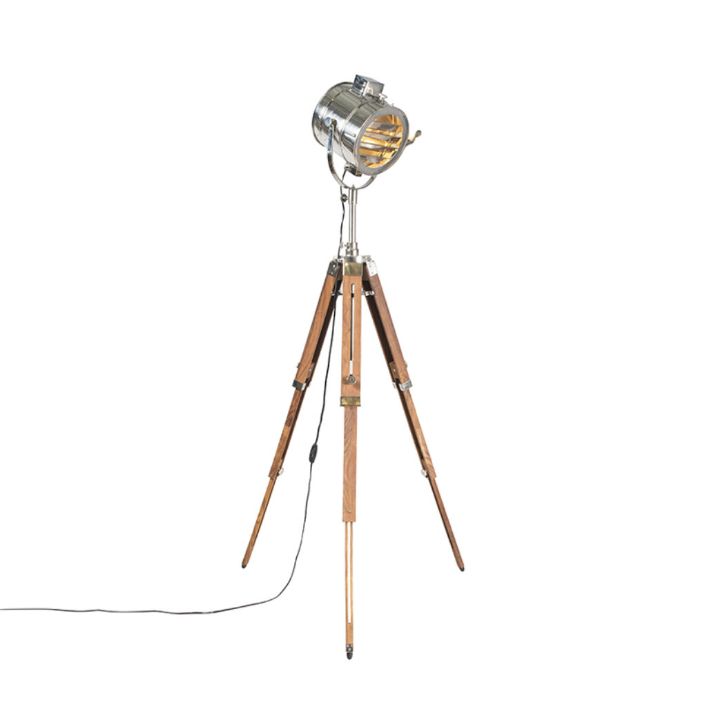 vloerlampen Tripod vloerlamp staal met hout studiospot Radiant AluminiumHoutGlas Chroom De is een echte trendsetter in jouw woonkamer. Hij geeft je interieur