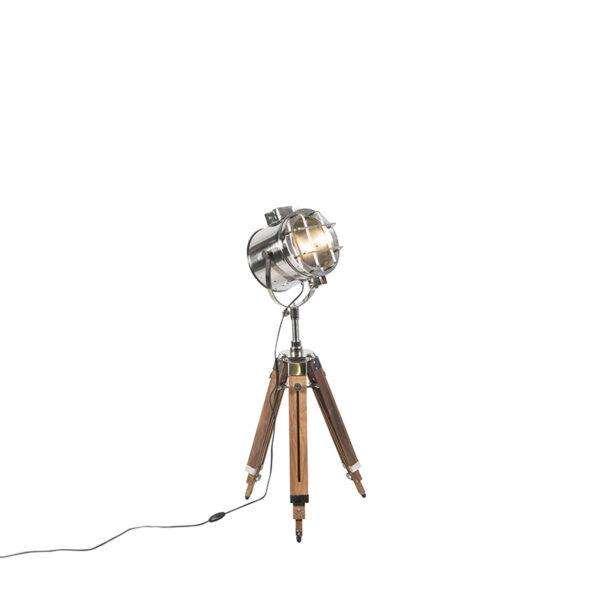 Tripod vloerlamp staal met hout studiospot - Shiny - Afbeelding 2