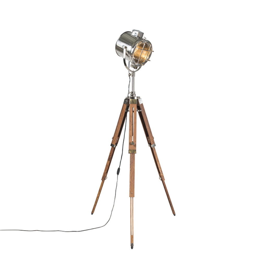 vloerlampen Tripod vloerlamp staal met hout studiospot Shiny AluminiumHoutGlas Chroom Deze trendy driepoot staat als een huis het slanke voorkomen absoluut