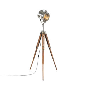vloerlampen Tripod vloerlamp staal met hout studiospot Shiny AluminiumHoutGlas Chroom Deze trendy driepoot staat als een huis het slanke voorkomen absoluut