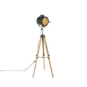 vloerlampen Tripod vloerlamp zwart met hout studiospot Radient HoutStaal Zwart Geef jouw interieur een industrieel tintje onze Radient. Deze driepoot is gemaakt