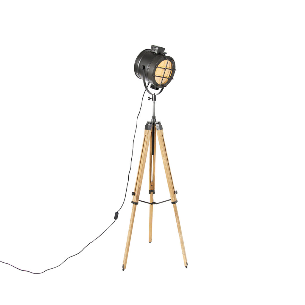 vloerlampen Tripod vloerlamp zwart met hout studiospot Shiny HoutStaal Zwart Kan jouw interieur wel een update Dan is deze tripod wat je De gemaakt van staal en