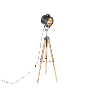 vloerlampen Tripod vloerlamp zwart met hout studiospot Shiny HoutStaal Zwart Kan jouw interieur wel een update Dan is deze tripod wat je De gemaakt van staal en