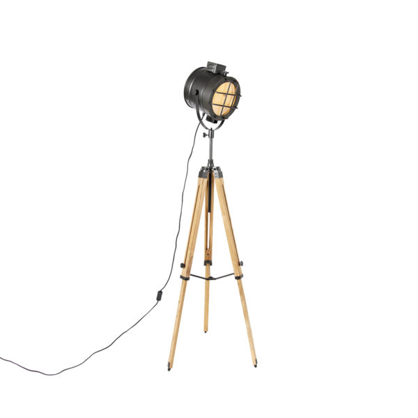 vloerlampen Tripod vloerlamp zwart met hout studiospot Shiny HoutStaal Zwart Kan jouw interieur wel een update Dan is deze tripod wat je De gemaakt van staal en