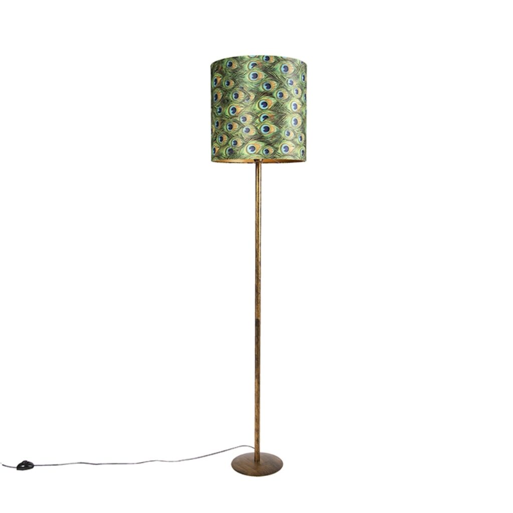 vloerlampen Vintage vloerlamp goud met pauw kap 40 cm Simplo MetaalStof Pauw veren print Mooie vintage deze Hij hoort thuis in een klassieke of slaapkamer. De