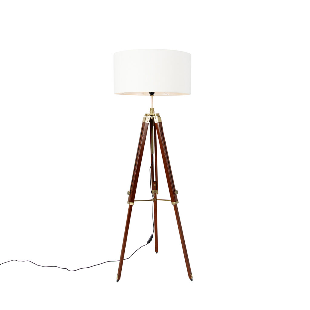 vloerlampen Vintage vloerlamp messing met kap wit 50 cm tripod Cortin HoutMetaalStof Bruin