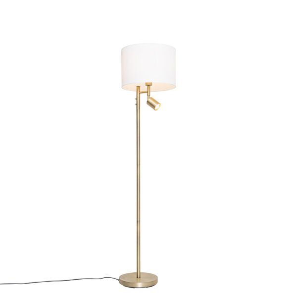 vloerlampen Vloerlamp brons met kap wit en leeslamp Jelena StaalStof Brons Haal een moderne vloerlamp in huis Jelena. Deze lamp is gemaakt van staal witte stof