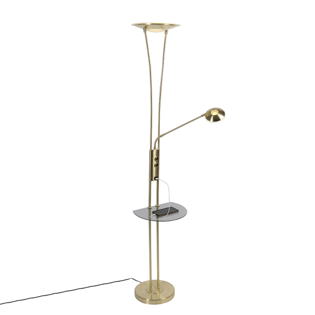 vloerlampen Vloerlamp goud met leesarm incl. LED en Sevilla StaalGlas Zeer functionele vloerlamp aansluiting voor USB het opladen van je tablet Onze stalen is