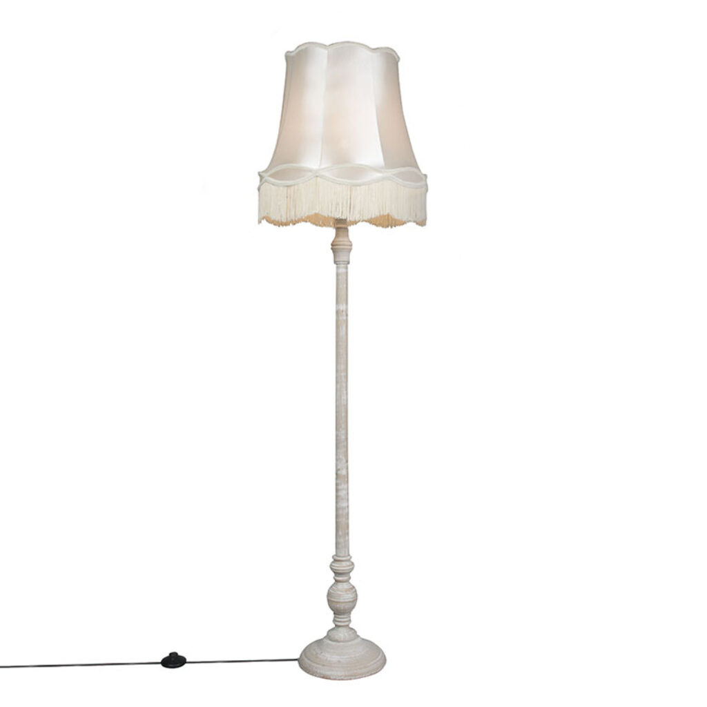 vloerlampen Vloerlamp grijs met Granny kap Classico HoutStof Onze straalt echt klasse uit. De licht grijze poot heeft een klassiek tintje waardoor hij perfect
