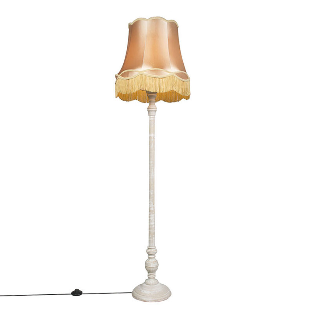 vloerlampen Vloerlamp grijs met Granny kap goud Classico HoutStof Geel Onze straalt echt klasse uit. De licht grijze poot heeft een klassiek tintje waardoor hij