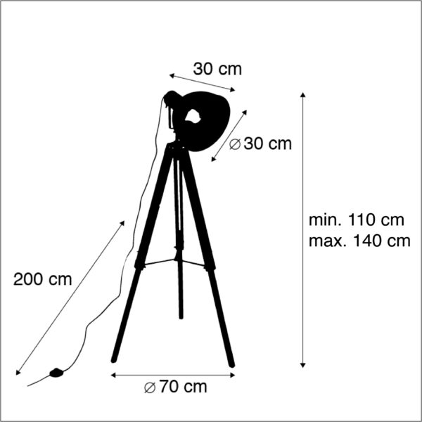Industriële vloerlamp op houten tripod met grijze kap - Laos - Afbeelding 3