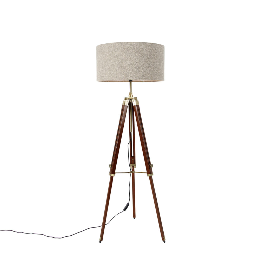 vloerlampen Vloerlamp messing met boucle kap taupe 50 cm tripod Cortin HoutMetaalStof Bruin