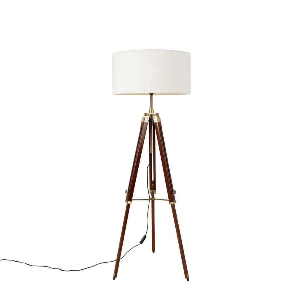 vloerlampen Vloerlamp messing met boucle kap wit 50 cm tripod Cortin HoutMetaalStof Bruin