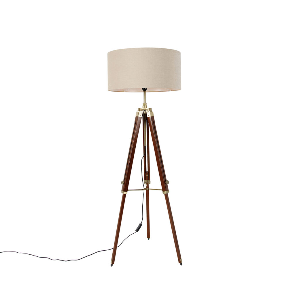 vloerlampen Vloerlamp messing met kap lichtbruin 50 cm tripod Cortin HoutMetaalStof Bruin