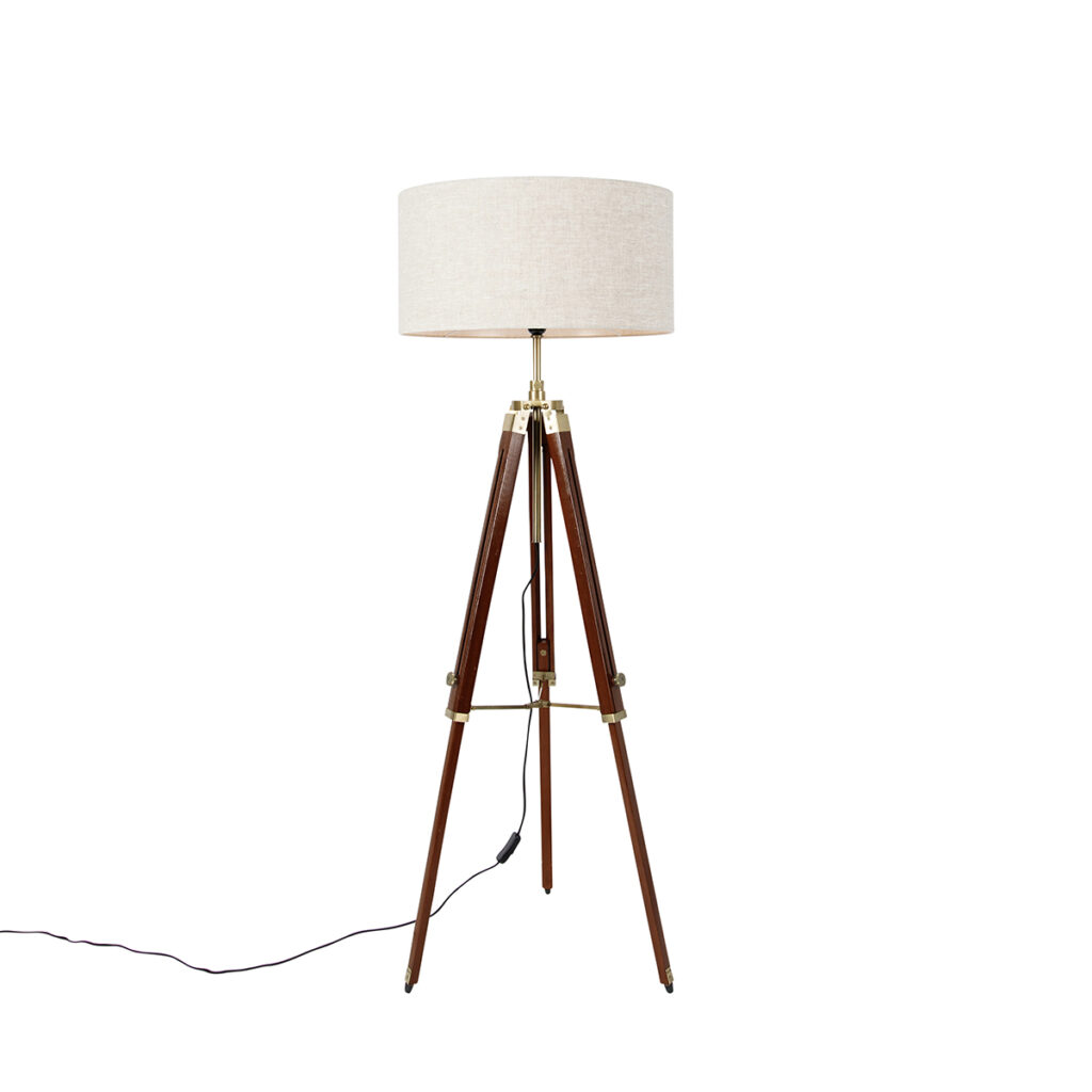 vloerlampen Vloerlamp messing met kap lichtgrijs 50 cm tripod Cortin HoutMetaalStof Bruin