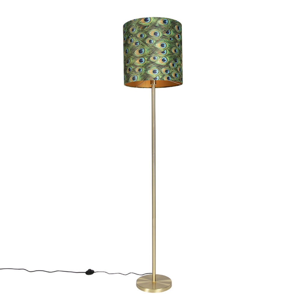 vloerlampen Vloerlamp messing met pauw kap 40 cm Simplo StaalStof Pauw veren print Een sfeervolle eyecatcher in huis. Deze is een combinatie van tijdloos