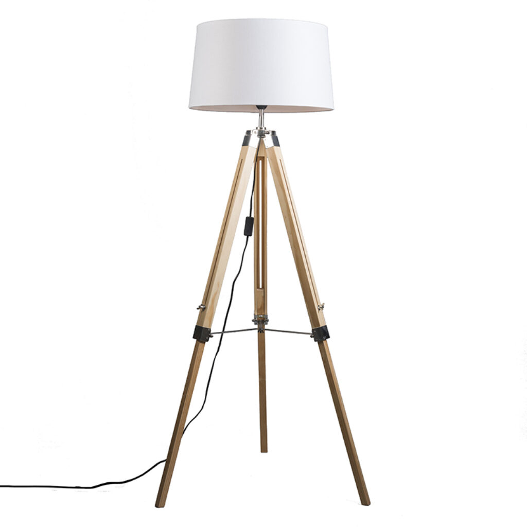 vloerlampen Vloerlamp naturel met witte linnen kap 45 cm Tripod HoutMetaalStof Bruin Mooi afgewerkte tripod vloerlamp De robuuste details maken het