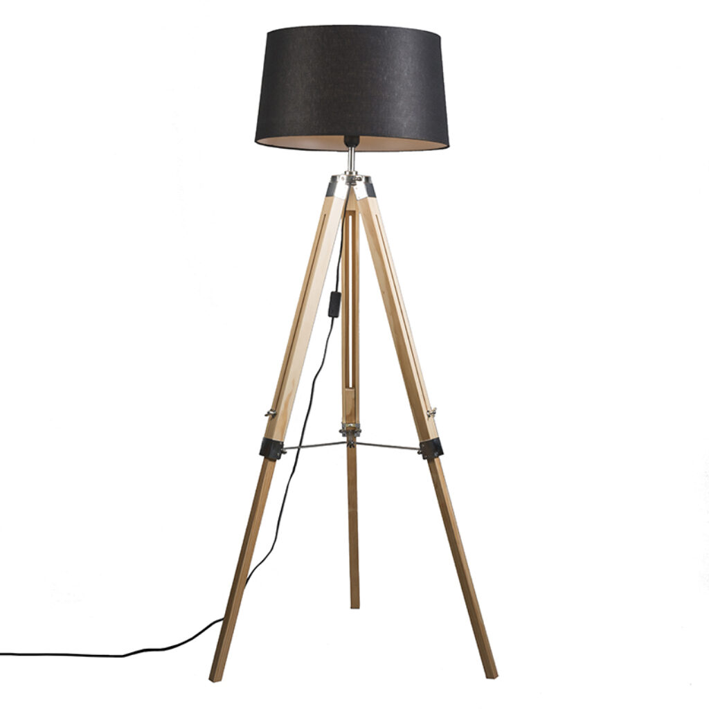 vloerlampen Vloerlamp naturel met zwarte linnen kap 45 cm Tripod HoutMetaalStof Wit Mooi afgewerkte tripod vloerlamp De robuuste details maken het