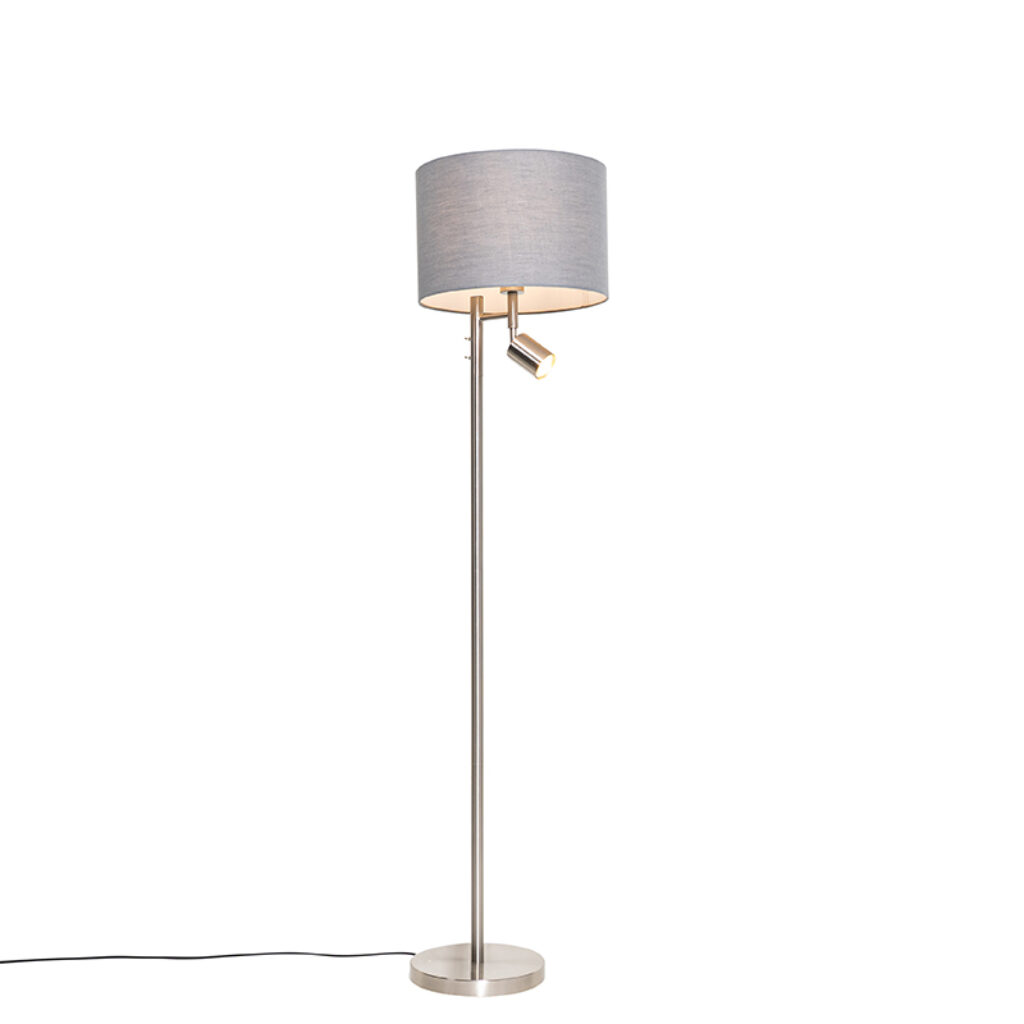 vloerlampen Vloerlamp staal met kap grijs en leeslamp Jelena StaalStof Grijs Haal een moderne vloerlamp in huis Jelena. Deze lamp is gemaakt van stof afgewerkt