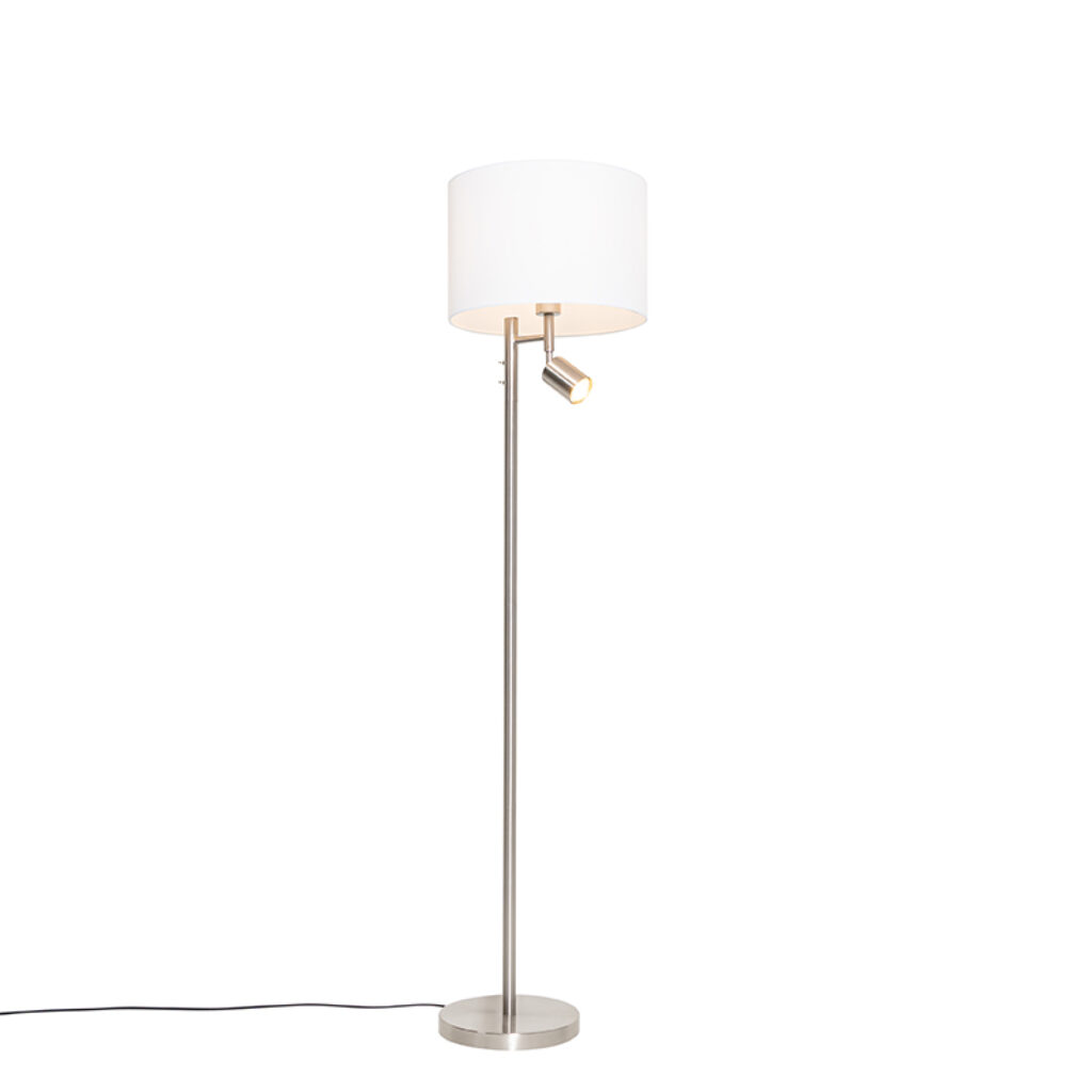 vloerlampen Vloerlamp staal met kap wit en leeslamp Jelena StaalStof Staal Haal een moderne vloerlamp in huis Jelena. Deze lamp is gemaakt van stof afgewerkt
