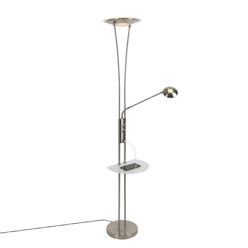 vloerlampen Vloerlamp staal met leesarm incl. LED en Sevilla Staal Zeer functionele vloerlamp aansluiting voor USB het opladen van je tablet Onze stalen heeft