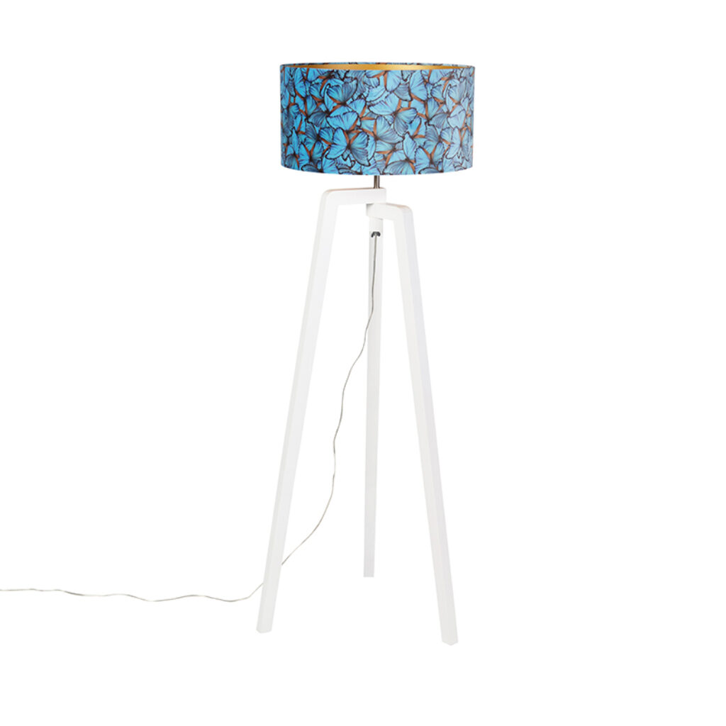 vloerlampen Vloerlamp tripod hout met vlinders velours kap 50 cm Puros HoutStof Blauw Je landelijke of design interieur compleet Met de maak je een lege hoek in