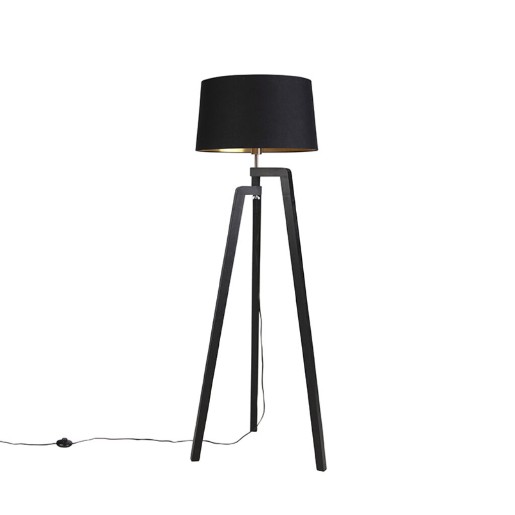 vloerlampen Vloerlamp tripod met katoenen kap zwart goud 50 cm Puros HoutStof Zwart Ben je op zoek naar een vloerlamp tijdloos Dan is deze afgewerkt zwarte