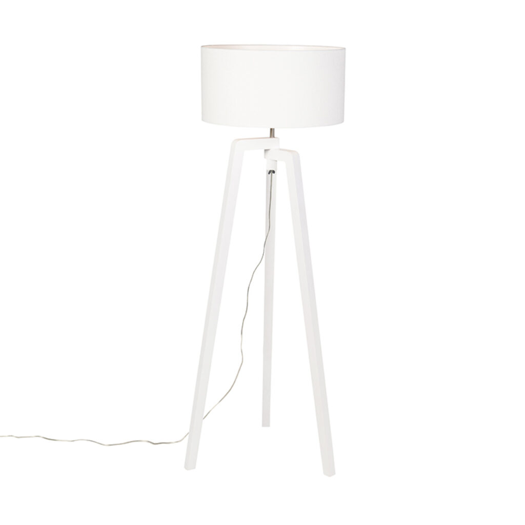 vloerlampen Vloerlamp tripod wit hout met witte kap 50 cm Puros HoutStof Wit Je landelijke of design interieur compleet Met de maak je een lege hoek in jouw