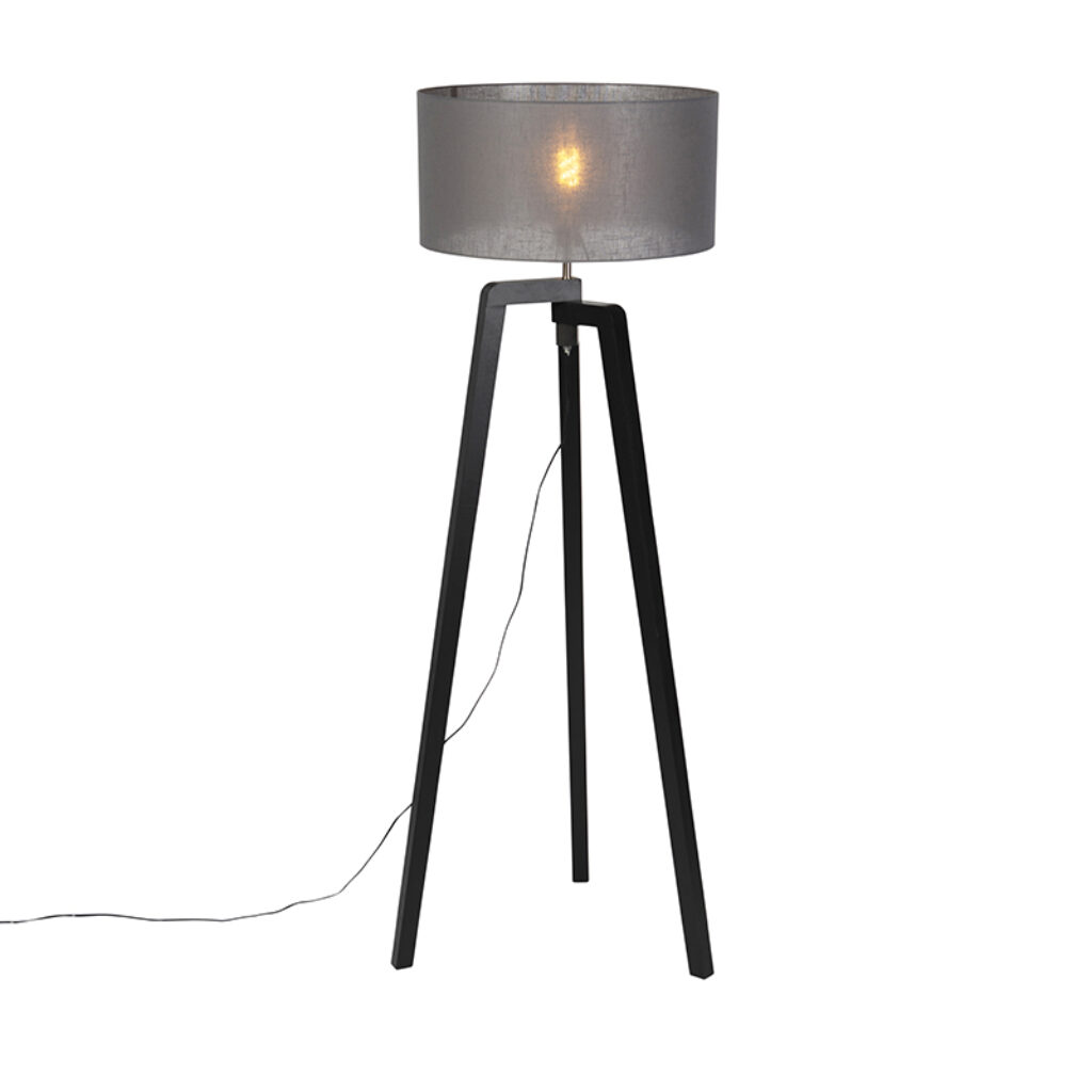 vloerlampen Vloerlamp tripod zwart hout met grijze kap 50 cm Puros HoutKunststof Donkergrijs Je landelijke of design interieur compleet Met de maak je een lege