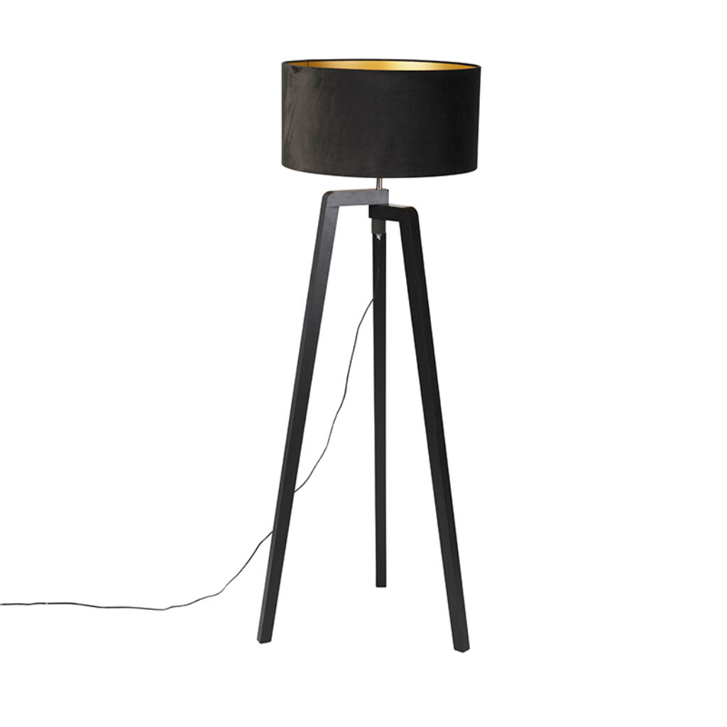 vloerlampen Vloerlamp tripod zwart hout met zwarte kap 50 cm Puros HoutKunststof Zwart Je landelijke of design interieur compleet Met de maak je een lege hoek