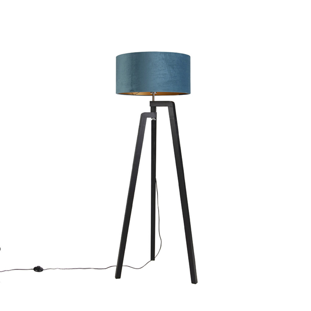 vloerlampen Vloerlamp tripod zwart met blauwe kap en goud 50 cm Puros HoutStof Blauw Met de zorg je voor een leuke in De zwarte kleur asymmetrische vorm van