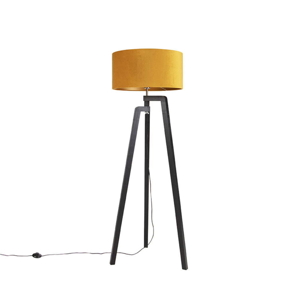 vloerlampen Vloerlamp tripod zwart met gele kap en goud 50 cm Puros HoutStof Geel Met de zorg je voor een leuke in De zwarte kleur asymmetrische vorm van poten