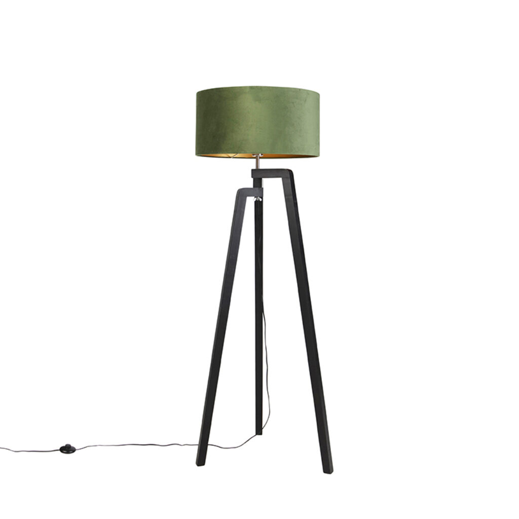 vloerlampen Vloerlamp tripod zwart met groene kap en goud 50 cm Puros HoutStof Groen Met de zorg je voor een leuke in De zwarte kleur asymmetrische vorm van
