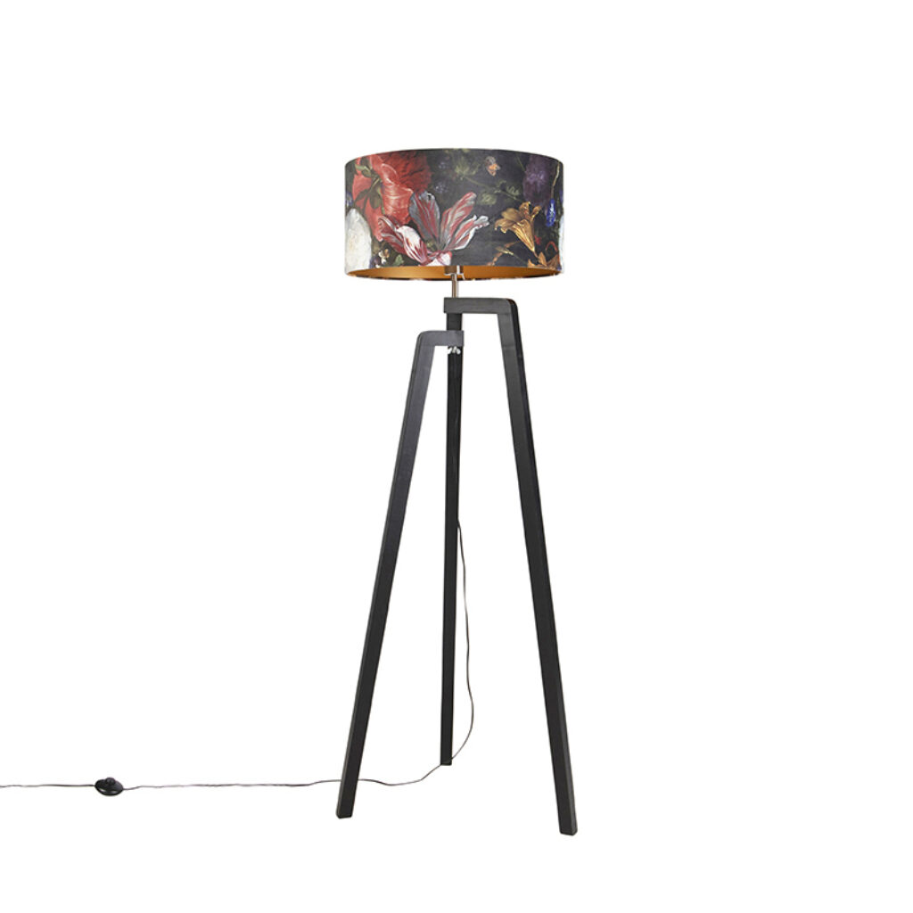 vloerlampen Vloerlamp tripod zwart met kap bloemen dessin 50 cm Puros HoutStof Multicolor Met de zorg je voor een leuke in De zwarte kleur en asymmetrische vorm