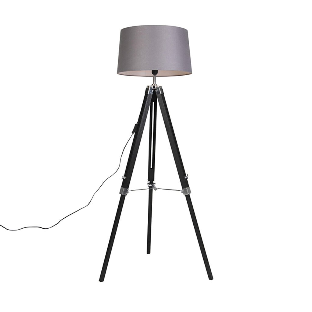 vloerlampen Vloerlamp Tripod zwart met kap 45cm linnen donker grijs HoutStofStaal Wit Mooi afgewerkte tripod vloerlamp. De robuuste details maken het