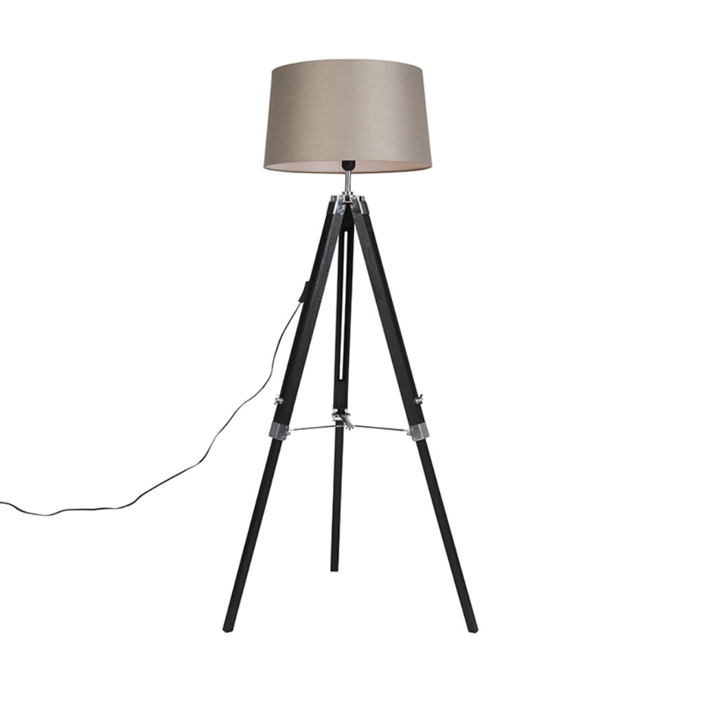vloerlampen Vloerlamp Tripod zwart met kap 45cm linnen taupe HoutStofStaal Wit Mooi afgewerkte tripod vloerlamp. De robuuste details maken het minimalistische
