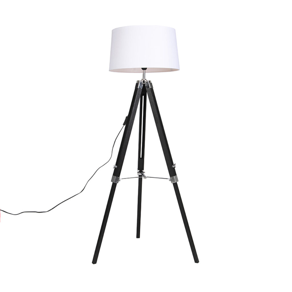 vloerlampen Vloerlamp Tripod zwart met kap 45cm linnen wit HoutStofStaal Wit Mooi afgewerkte tripod vloerlamp. De robuuste details maken het minimalistische