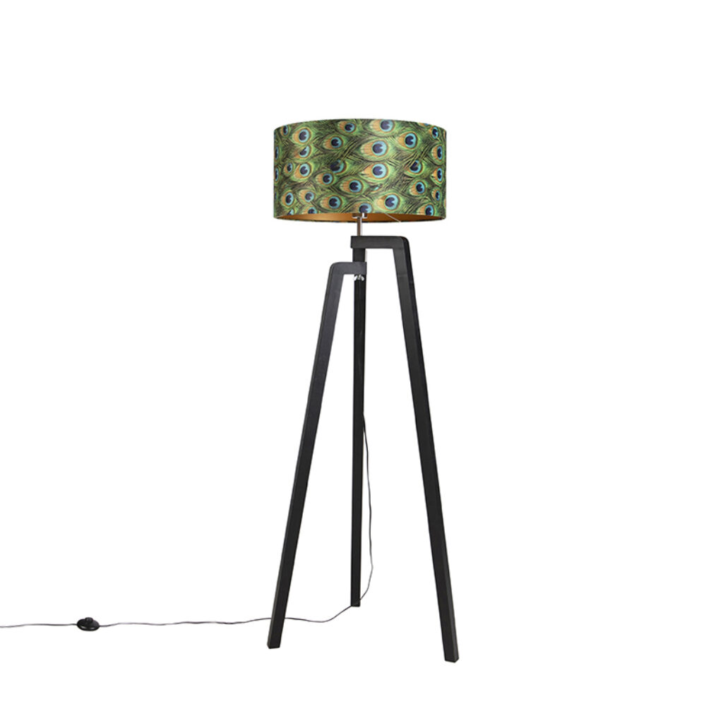 vloerlampen Vloerlamp tripod zwart met kap pauw dessin 50 cm Puros HoutStof Multicolor Met de zorg je voor een leuke in De zwarte kleur en asymmetrische vorm