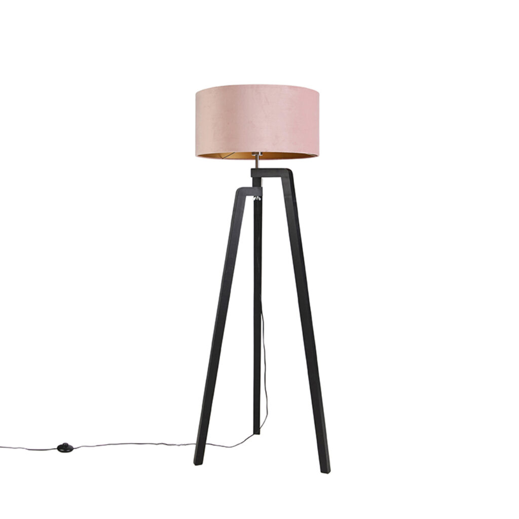 vloerlampen Vloerlamp tripod zwart met roze kap en goud 50 cm Puros HoutStof Roze Met de zorg je voor een leuke in De zwarte kleur asymmetrische vorm van poten