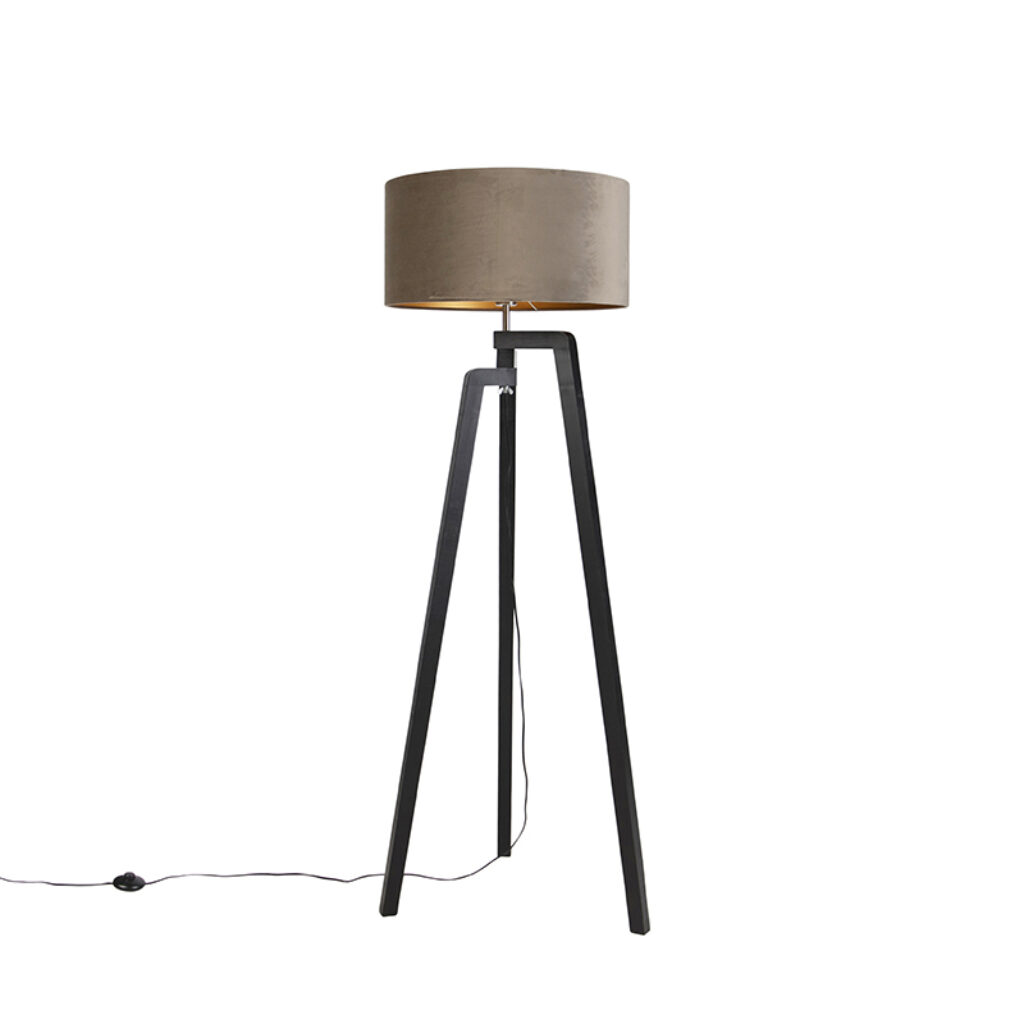 vloerlampen Vloerlamp tripod zwart met taupe kap en goud 50 cm Puros HoutStof Taupe Met de zorg je voor een leuke in De zwarte kleur asymmetrische vorm van